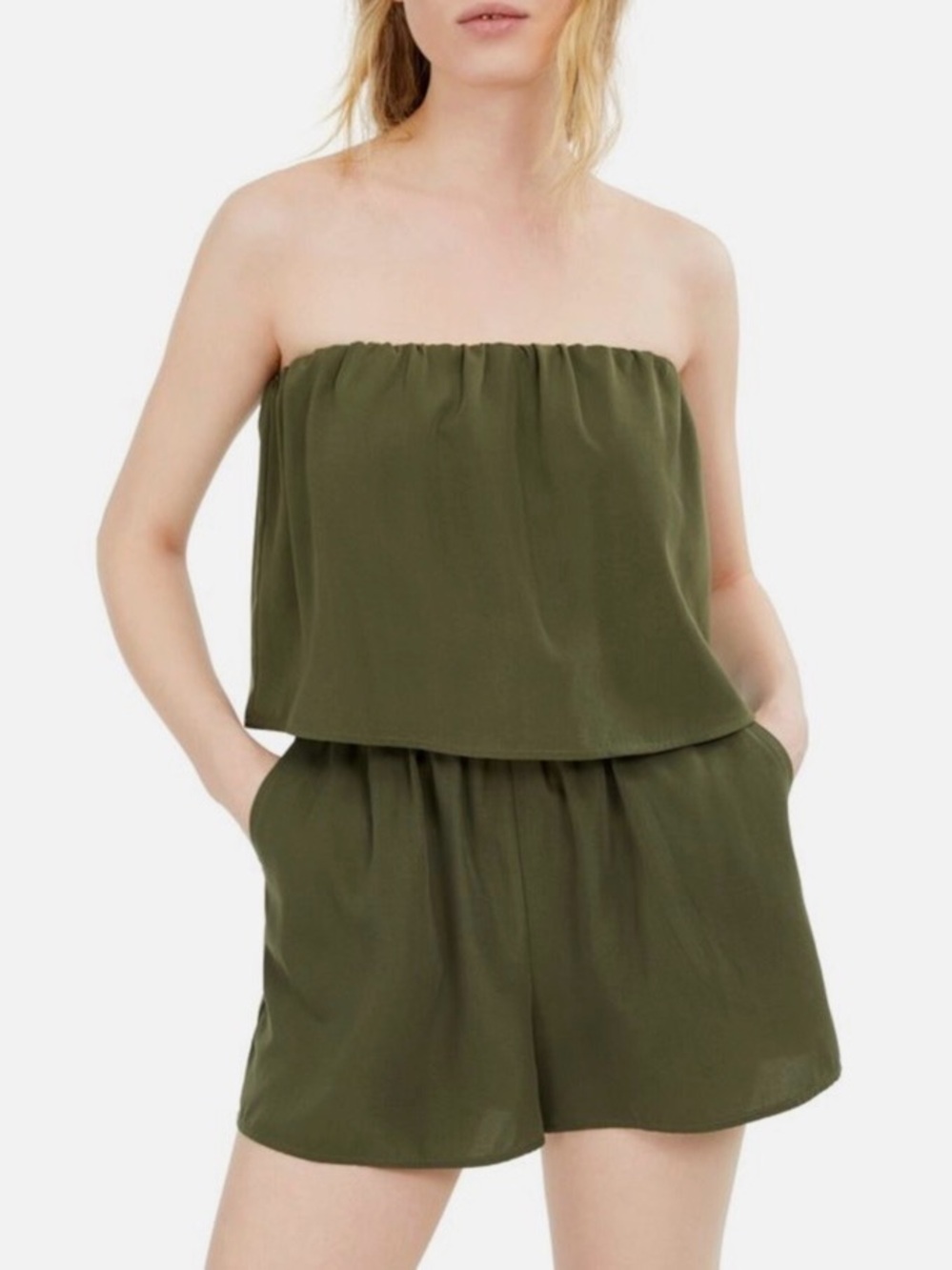 NWOT Bebop Pocketed Popover Strapless Wide Leg Olive Green Romper